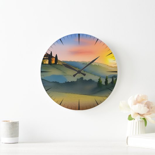 トスカーナの丘の風景 水彩画 ラージ壁時計 (ホーム)