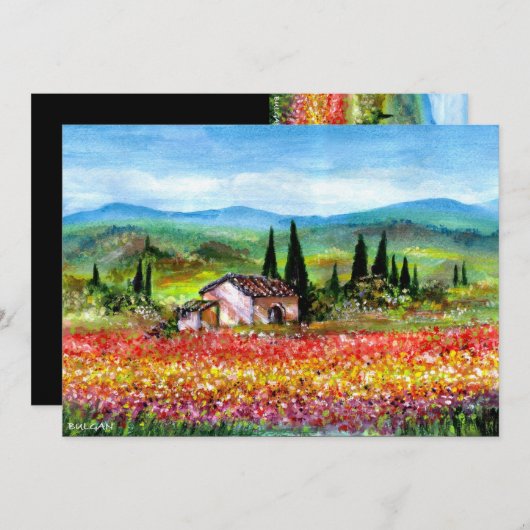 トスカーナの春、鮮やかな赤、ピンク、黄色、青 招待状 (正面/裏面)