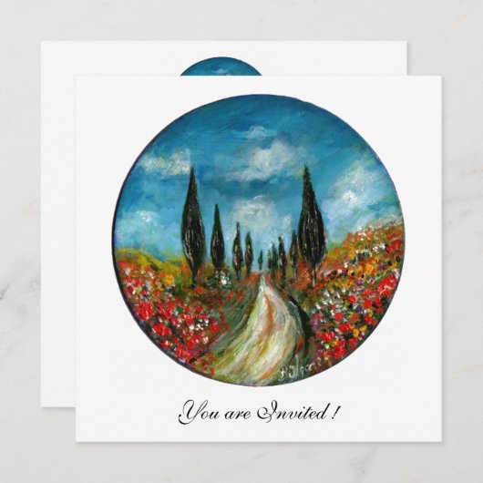 トスカーナの柏の木とポピー, 赤 青 招待状 (正面/裏面)