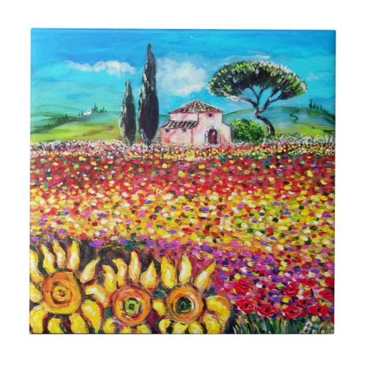 トスカーナの植物/畑,ケシとヒマワリ タイル (正面)