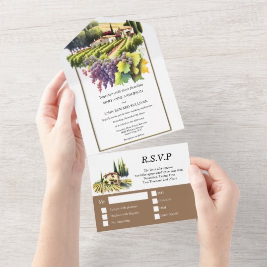 トスカーナの水の色結婚のブドウ畑トスカーナ荘 オールインワン招待状 (貼ってはがせる)