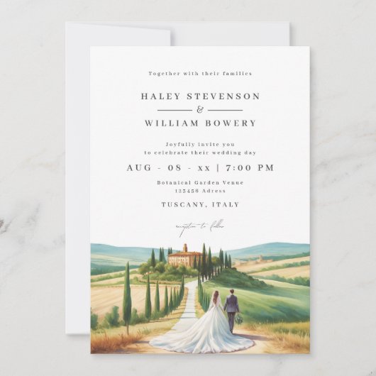トスカーナの水彩イラストレーション結婚スカイライン 招待状 (正面)