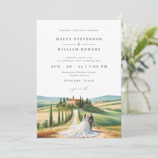 トスカーナの水彩イラストレーション結婚スカイライン 招待状 (スタンド正面)