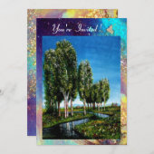 トスカーナの白樺の木々、青緑金がきらきら 招待状 (正面/裏面)