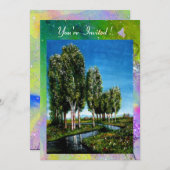 トスカーナの白樺の木たち,黄色 緑 紫色のきらきら 招待状 (正面/裏面)