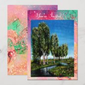 トスカーナの白樺の木, 緑、ピンク、ゴールドのきらきら 招待状 (正面/裏面)