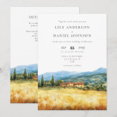 トスカーナの素朴な水彩QRコード イタリアの結婚式 招待状 (正面/裏面)