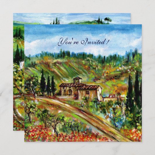 トスカーナの緑豊かな風景に佇む古い農家　素朴な雰囲気の油彩画 招待状 (正面/裏面)