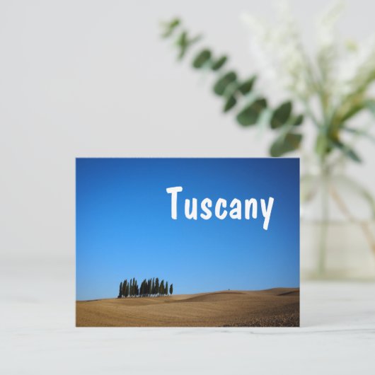 トスカーナの葉書を持つヒノキの木と丘文字 ポストカード (スタンド正面)