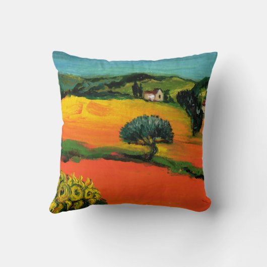 トスカーナの風景とヒマワリのオレンジ色のフィールド クッション (裏面)
