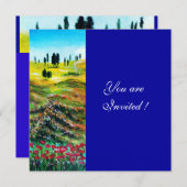 トスカーナの風景とポピー ,青 招待状 (正面/裏面)