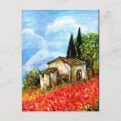 トスカーナの風景に咲くポピー 赤い花の野原 インビテーションポストカード (正面)