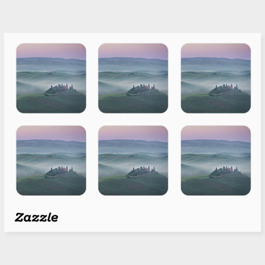 トスカーナの風景のステッカーの上のピンクの日の出 スクエアシール (シート)