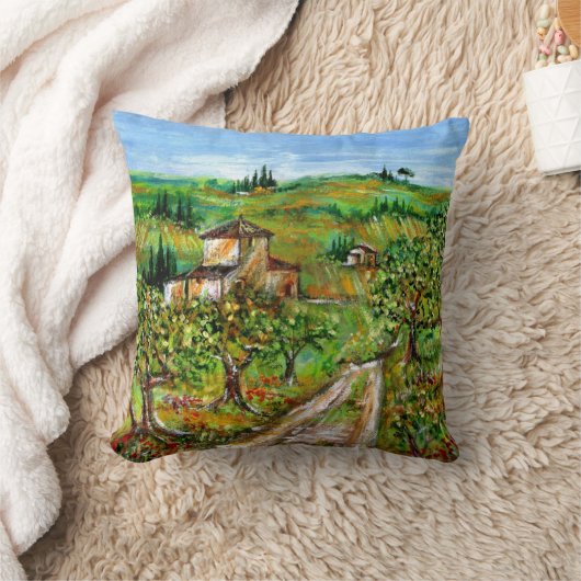 トスカーナの風景の緑の丘とオリーブの木 クッション (ブランケット)
