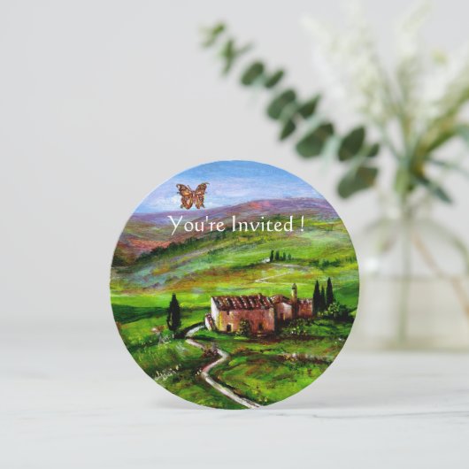 トスカーナの風景。緑の丘と蝶 招待状 (スタンド正面)