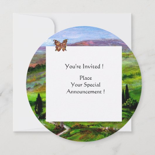 トスカーナの風景。緑の丘と蝶 招待状 (裏面)