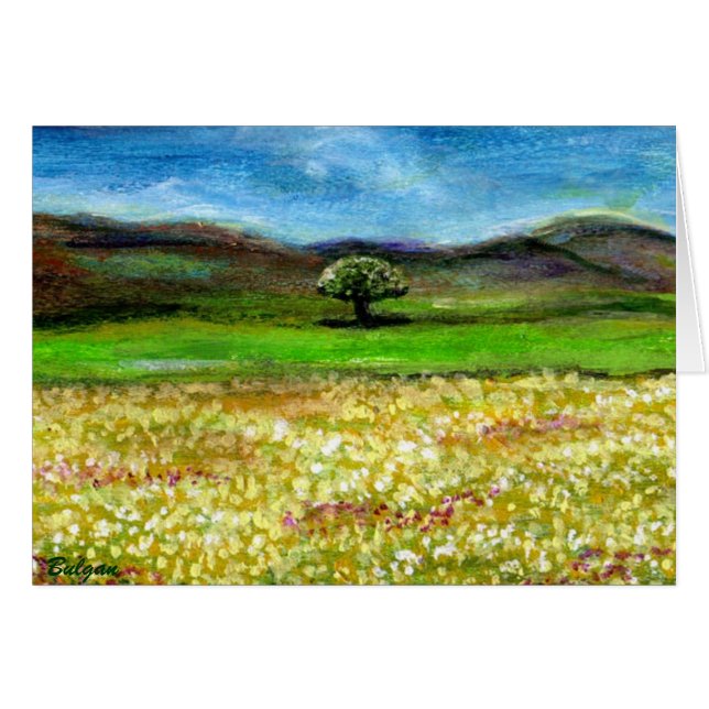 トスカーナの黄色い花畑の単生の木 (正面横)