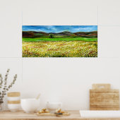 トスカーナの黄色い花畑の単生の木 ポスター (キッチン)