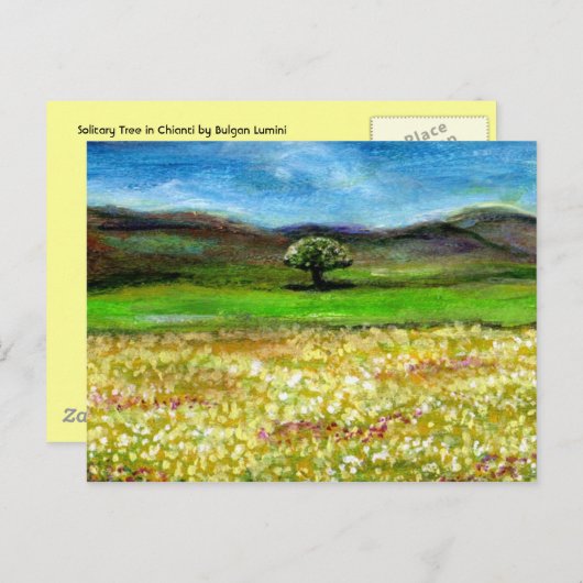 トスカーナの黄色い花畑の単生の木 ポストカード (正面/裏面)