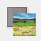 トスカーナの黄色い花畑の単生の木 マグネット (正面/裏面)
