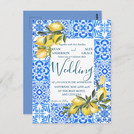 トスカーナイタリアンタイルの水色とレモンズ結婚ーズ ポストカード (正面/裏面)