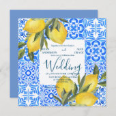 トスカーナイタリアンタイルの水色とレモンズ結婚ーズ 招待状 (正面/裏面)