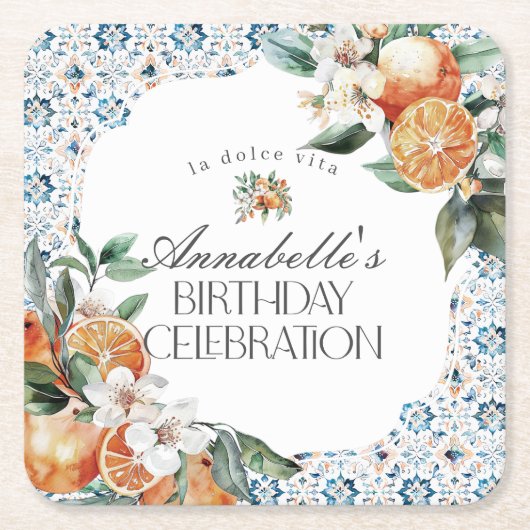トスカーナイタリアンタイル誕生日パーティードデコール スクエアペーパーコースター (正面)