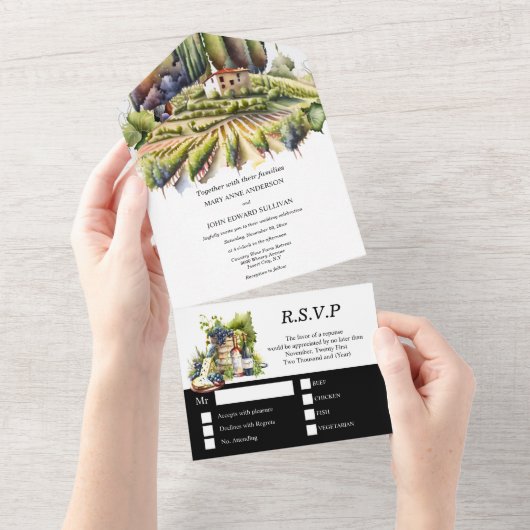 トスカーナイタリアンートスカーンヴィラウォーターカラーワイナリー オールインワン招待状 (貼ってはがせる)