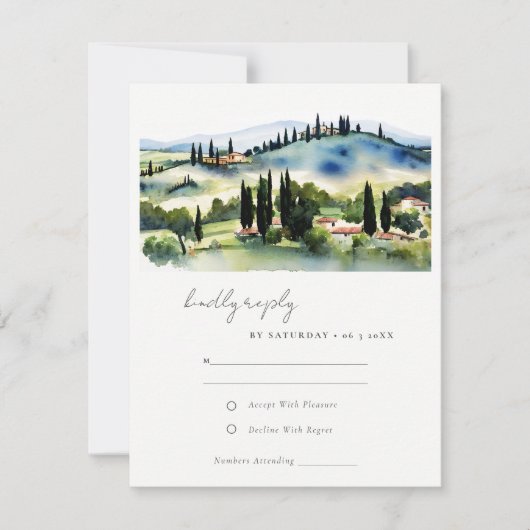 トスカーナエレガントイタリアランドスケープ水の色結婚の設定 出欠カード (正面)
