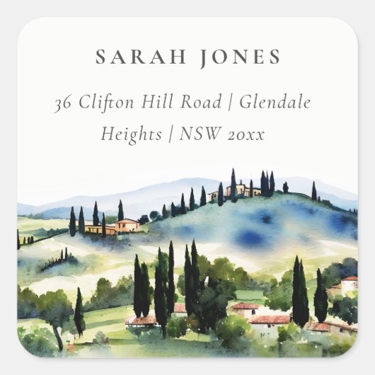 トスカーナエレガントイタリア水彩風景アドレス スクエアシール (正面)