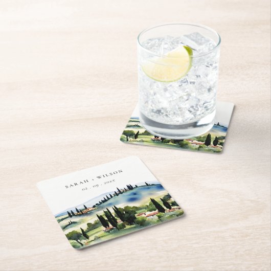 トスカーナエレガントイタリア水彩風景結婚ズ スクエアペーパーコースター