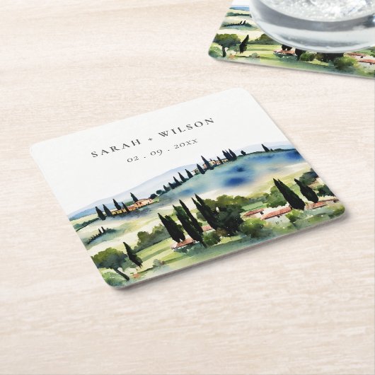 トスカーナエレガントイタリア水彩風景結婚ズ スクエアペーパーコースター (アングル)