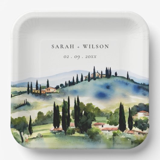 トスカーナエレガントイタリア水彩風景結婚ズ ペーパープレート (正面)