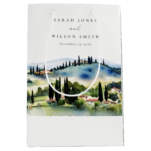 トスカーナエレガントイタリア水彩風景結婚ズ ミディアムペーパーバッグ (正面)