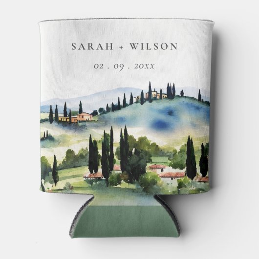 トスカーナエレガントイタリア水彩風景結婚ズ 缶クーラー (正面)