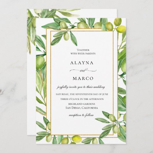 トスカーナオリーブ金ゴールドフレーム結婚式招待状 招待状 (正面/裏面)