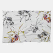 トスカーナ素朴ウウォーターカラーオリーブブランチ キッチンタオル (横)