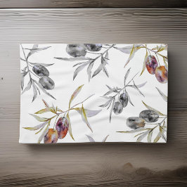 トスカーナ素朴ウウォーターカラーオリーブブランチ キッチンタオル