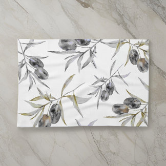 トスカーナ素朴ウウォーターカラーオリーブブランチ キッチンタオル