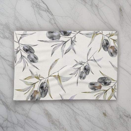 トスカーナ素朴ウウォーターカラーオリーブブランチ キッチンタオル