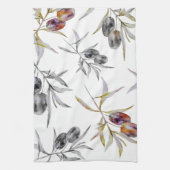 トスカーナ素朴ウウォーターカラーオリーブブランチ キッチンタオル (縦)