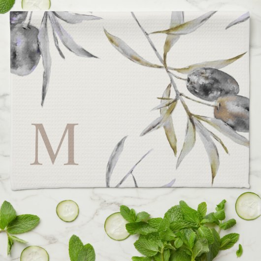 トスカーナ素朴ウウォーターカラーオリーブ枝モノグラム キッチンタオル (折り畳み)
