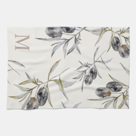 トスカーナ素朴ウウォーターカラーオリーブ枝モノグラム キッチンタオル (横)