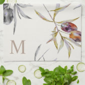 トスカーナ素朴ウウォーターカラーオリーブ枝モノグラム キッチンタオル (折り畳み)