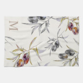 トスカーナ素朴ウウォーターカラーオリーブ枝モノグラム キッチンタオル (横)