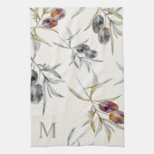トスカーナ素朴ウウォーターカラーオリーブ枝モノグラム キッチンタオル (縦)