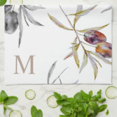 トスカーナ素朴ウウォーターカラーオリーブ枝モノグラム キッチンタオル (折り畳み)