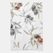 トスカーナ素朴ウウォーターカラーオリーブ枝モノグラム キッチンタオル (縦)