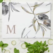 トスカーナ素朴ウウォーターカラーオリーブ枝モノグラム キッチンタオル (折り畳み)