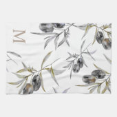 トスカーナ素朴ウウォーターカラーオリーブ枝モノグラム キッチンタオル (横)